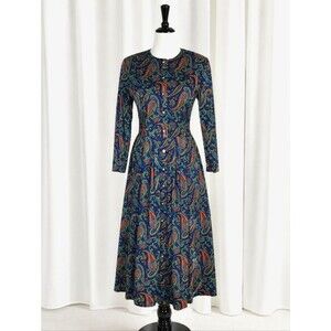 Talbots Sara Campbell Vintage Jewel Tone Paisley Button Front Classic Midi Dress